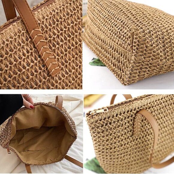 Straw Beach Tote Bag Women's Woven Straw Handbag Summer Shoulder Bag - Picture 3 of 7